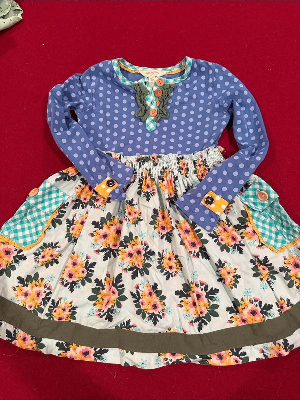 Matilda Jane Purple Polka Dot Top with Floral Skirt and Gingham Accents